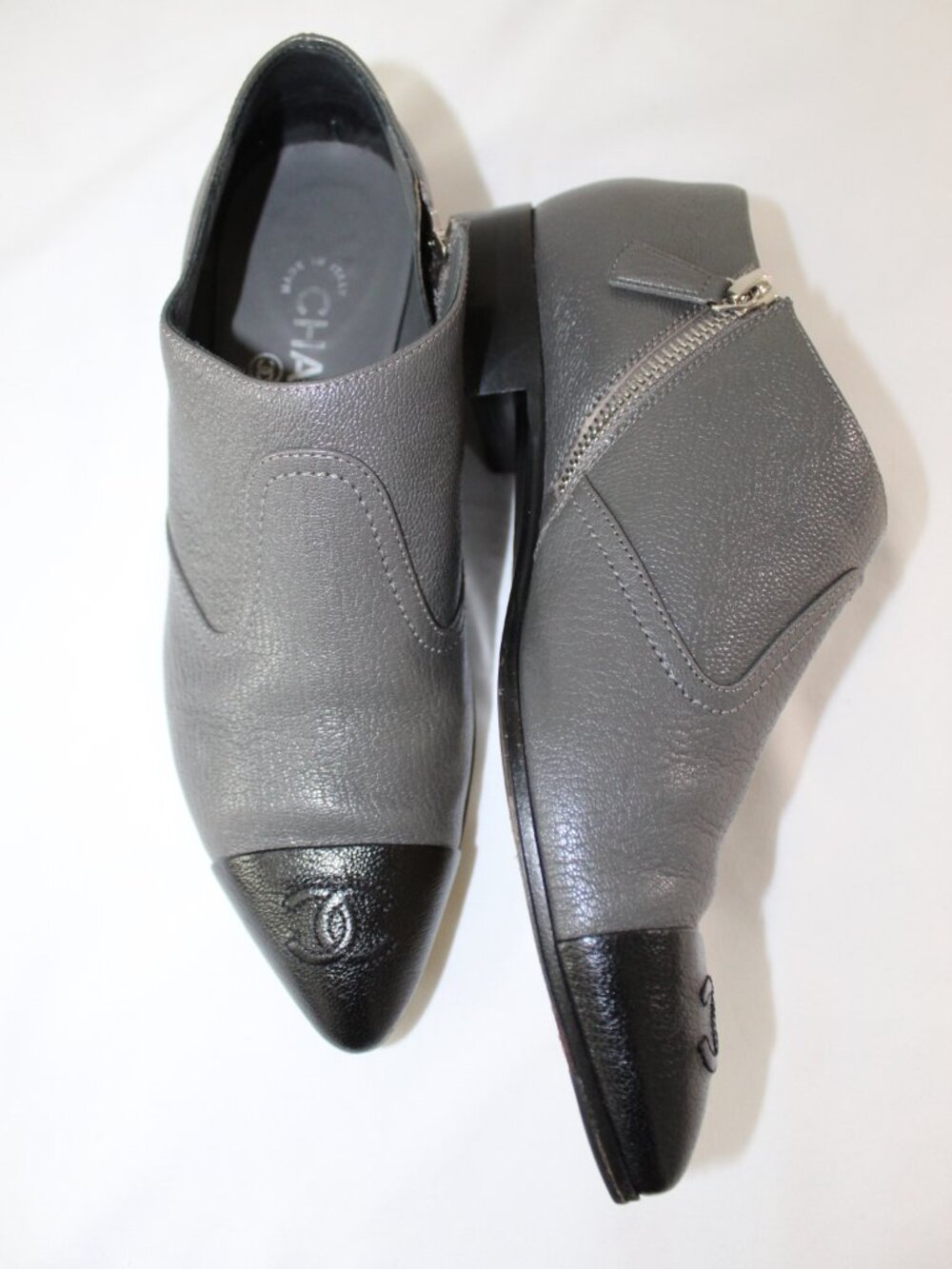 Chanel CC Cap Toe Gray Black Short Booties Loafers Side Zip Leather 38 - Picture 2 of 7